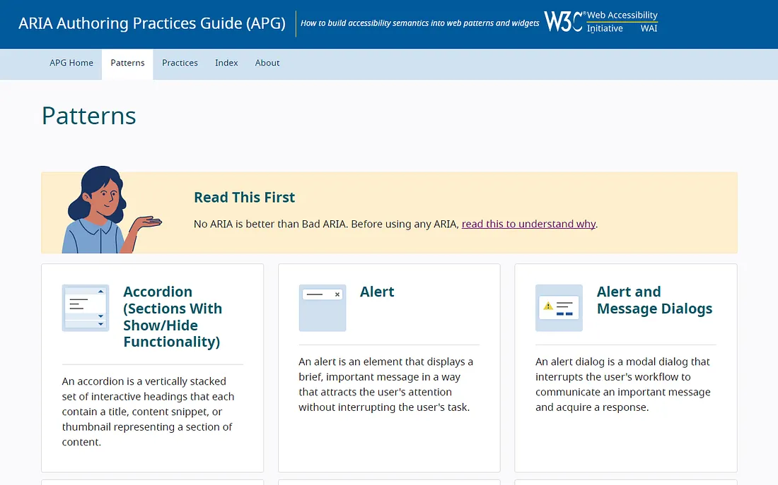 W3C ARIA Authoring Practices Guide（APG）網站 Patterns 頁面截圖。頁面上方提示「No ARIA is better than Bad ARIA」，建議使用前先閱讀說明。下方以卡片列出三個設計模式：Accordion（可展開收合的垂直堆疊互動標題組）、Alert（顯示簡短重要訊息且不打斷使用者操作的元素）、Alert and Message Dialogs（打斷操作流程並要求使用者回應的強制對話框）。