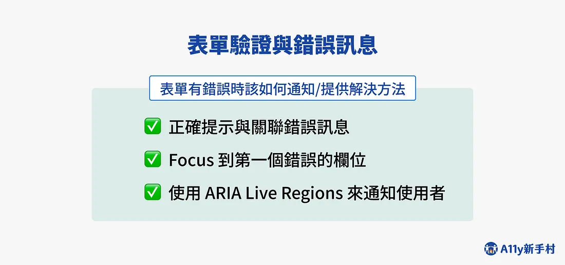 表單驗證與錯誤訊息。說明表單有錯誤時該如何通知並提供解決方法，共三點：正確提示與關聯錯誤訊息、Focus 到第一個錯誤的欄位、使用 ARIA Live Regions 來通知使用者。。