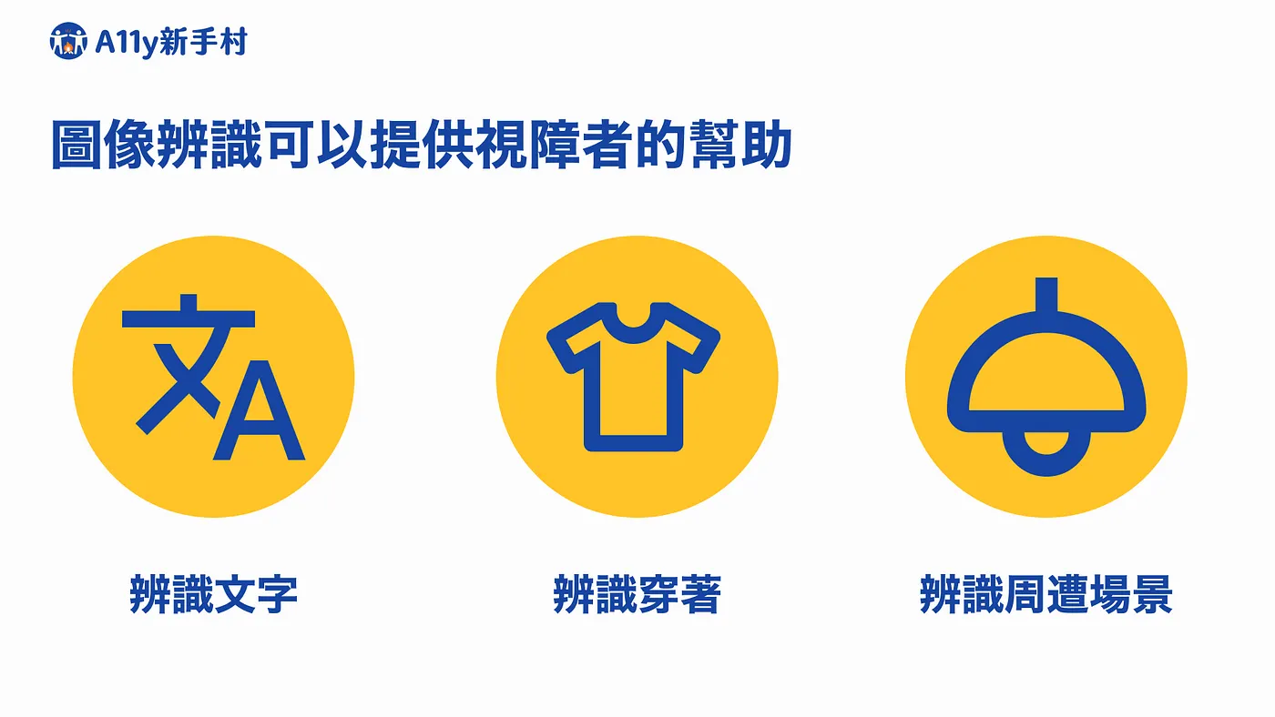 圖像辨識可以提供視障者的幫助,共三項功能:辨識文字、辨識穿著、辨識周遭場景。圖片來源:A11y 新手村。