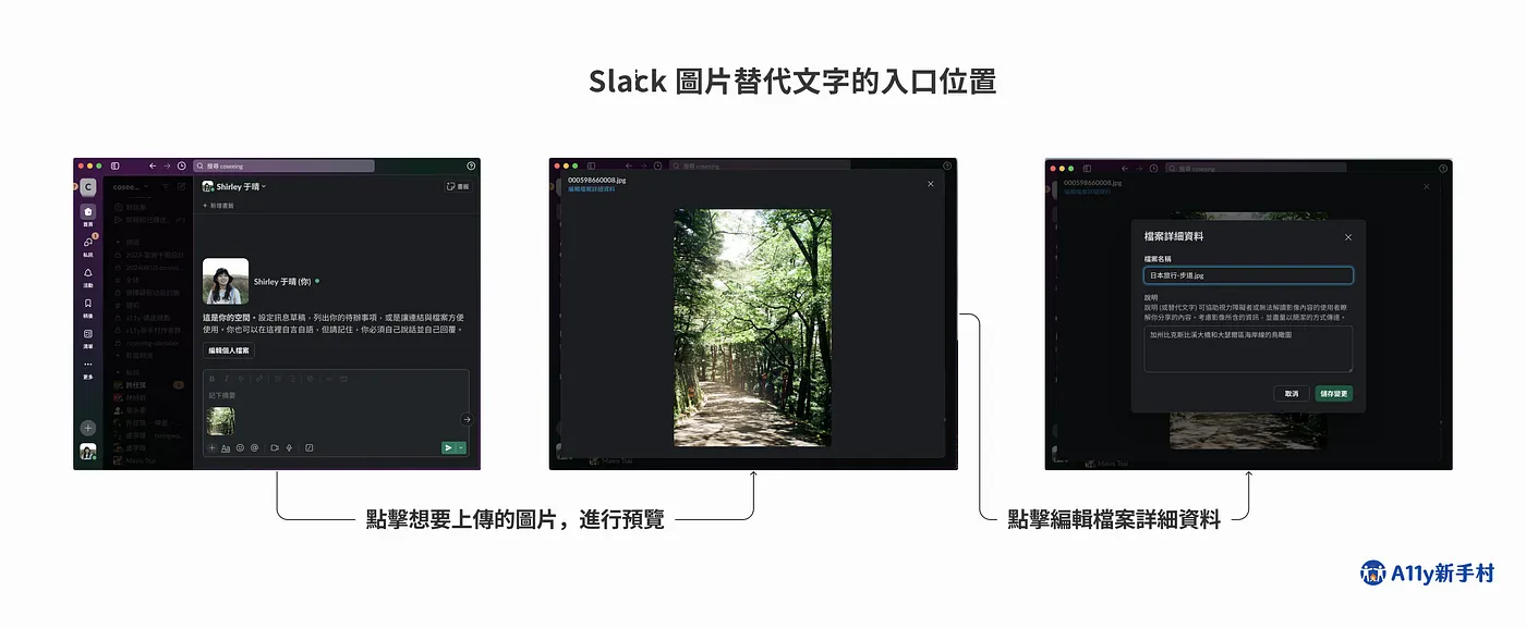 Slack 圖片替代文的入口位置，必須點開照片預覽，點擊編輯檔案詳細資料才可以上替代文字。