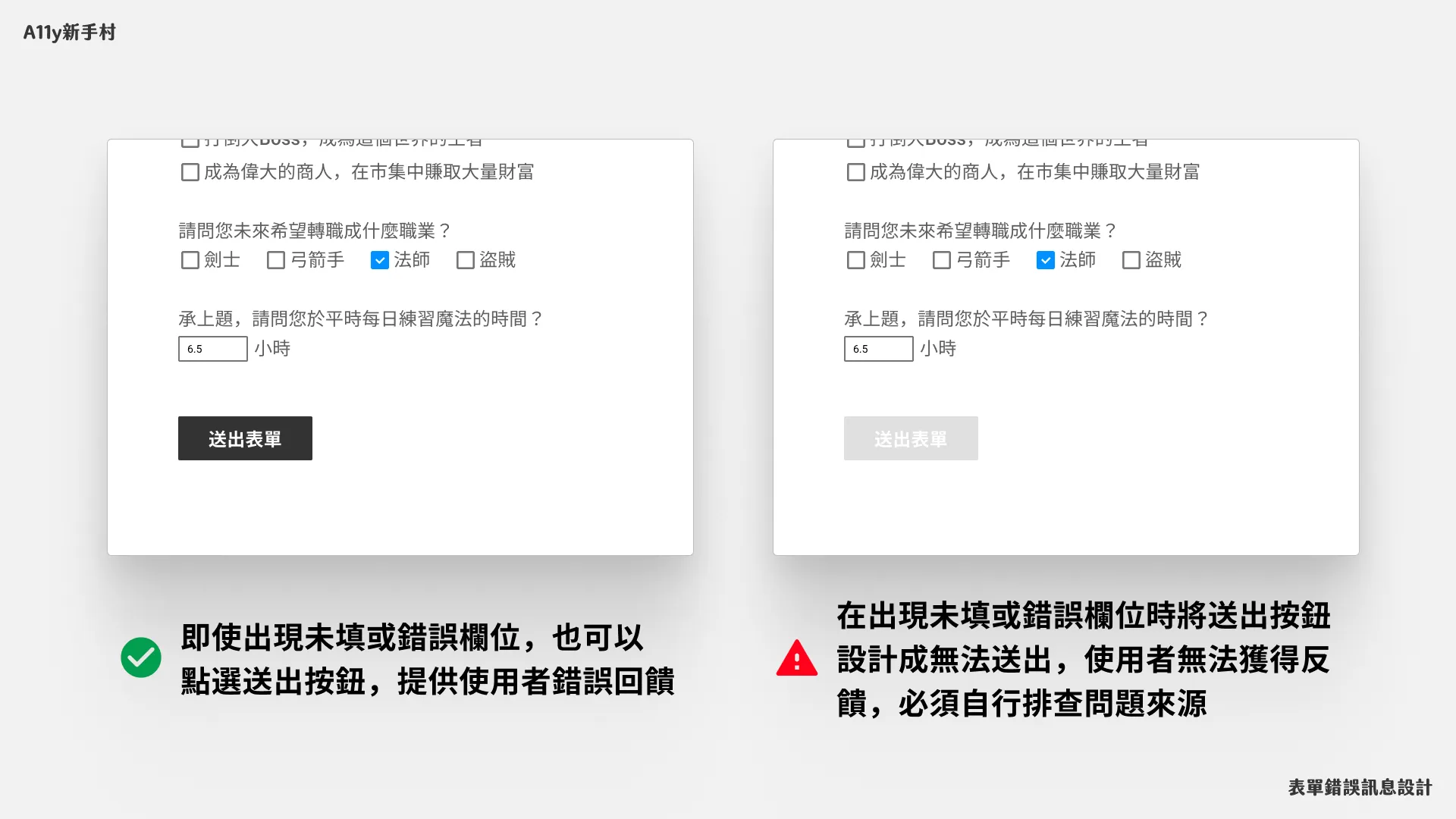 好的設計即使出現未填或錯誤欄位，也可以 點選送出按鈕，提供使用者錯誤回饋。不好的設計在出現未填或錯誤欄位時將送出按鈕設計成無法送出，使用者無法獲得反饋，必須自行排查問題來源。