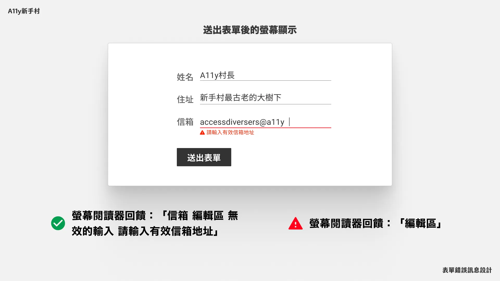 好的設計在螢幕出現錯誤訊息，例如在送出表單後的螢幕顯示「請輸入有效信箱地址」時，螢幕閱讀器回饋會回饋「信箱 編輯區 無效的輸入 請輸入有效信箱地址」。不好的設計螢幕閱讀器只會回饋：「編輯區」