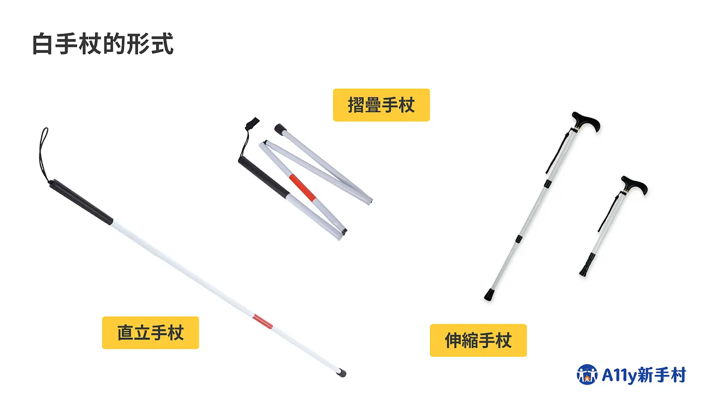 白手杖的形式示意圖，展示三種類型：直立手杖（單節長直桿）、摺疊手杖（可折成數節收納）、伸縮手杖（可調整長度，附T形握把，圖示展示兩支不同長度）。