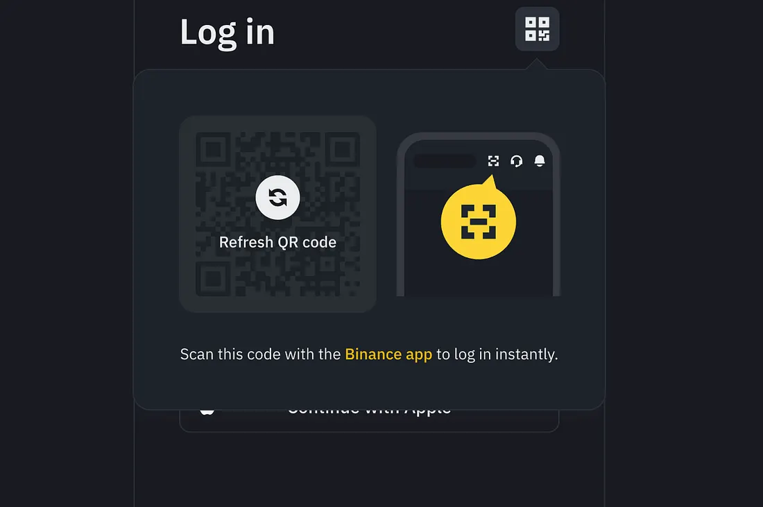 Binance 登入頁面截圖，顯示以 QR Code 掃碼登入的介面。左側為已過期的 QR Code，中央有「Refresh QR code」重新整理按鈕；右側示意以 Binance 手機應用程式掃描的操作。下方說明文字為「Scan this code with the Binance app to log in instantly.」
