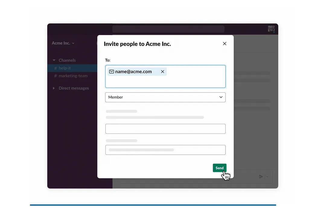 Slack 邀請成員的對話框截圖，標題為「Invite people to Acme Inc.」，收件人欄位已填入「name@acme.com」，角色設定為「Member」，游標停留在右下角的「Send」按鈕上。