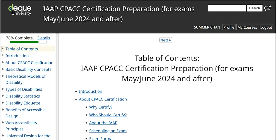 Deque University 的 IAAP CPACC 備考課程頁面截圖，進度78%，顯示課程目錄，涵蓋 CPACC 認證介紹、障礙類型與模型、無障礙設計原則等章節。