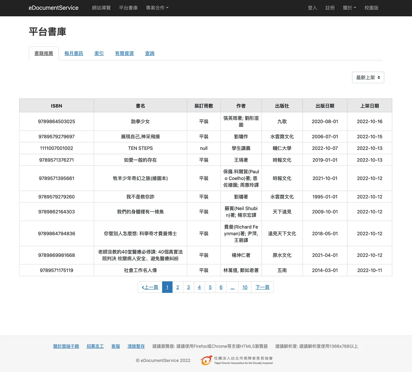 螢幕截圖：雲端千眼平台書庫網站，首頁有一個表格，內容有如ISBN、書名、作者、上架日期等資訊供使用者瀏覽上架書籍。