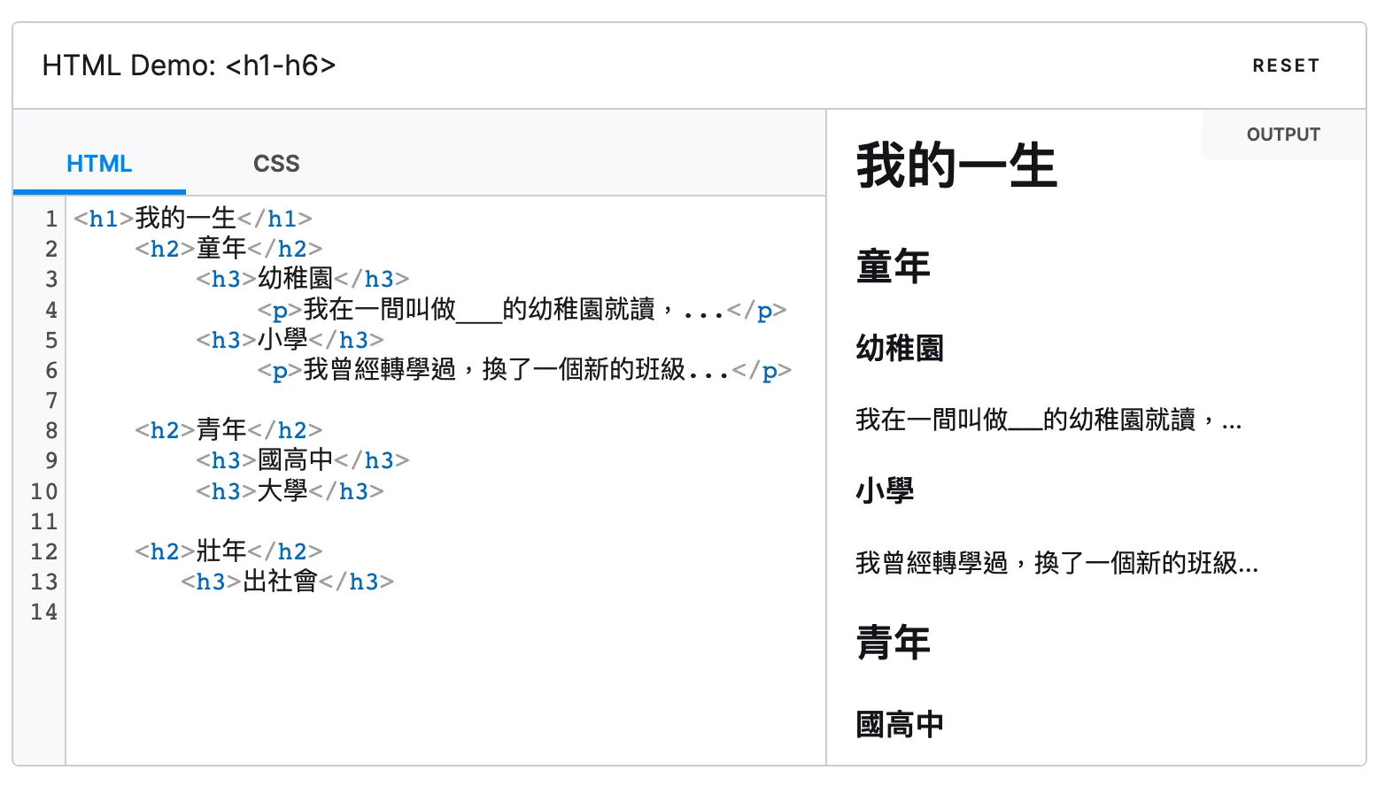 截圖：HTML demo，我的一生 (H1) 分成了 童年 (H2)、青年 (H2)，童年裡面又還蓋了幼稚園 (H3)，小學 (H3)，並幼稚園 (H3)再底下放入詳細的內文段落，介紹我的幼稚園經歷細節。