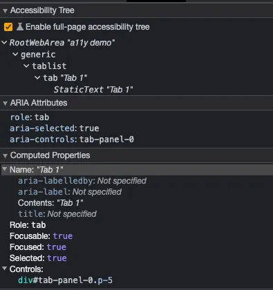 加上無障礙語意後，ARIA Attributes即有無障礙語意的設定結果