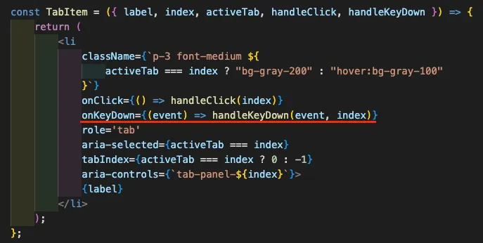 設定handleKeyDown function來達成方向鍵可以改變啟用的頁籤