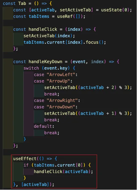將 dependency 陣列中放入 activeTab，當 activeTab 有變化就執行 handleClick function。