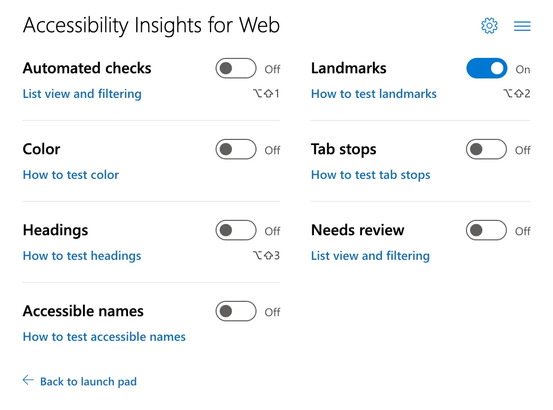 Accessibility Insights for Web的Chrome操作介面