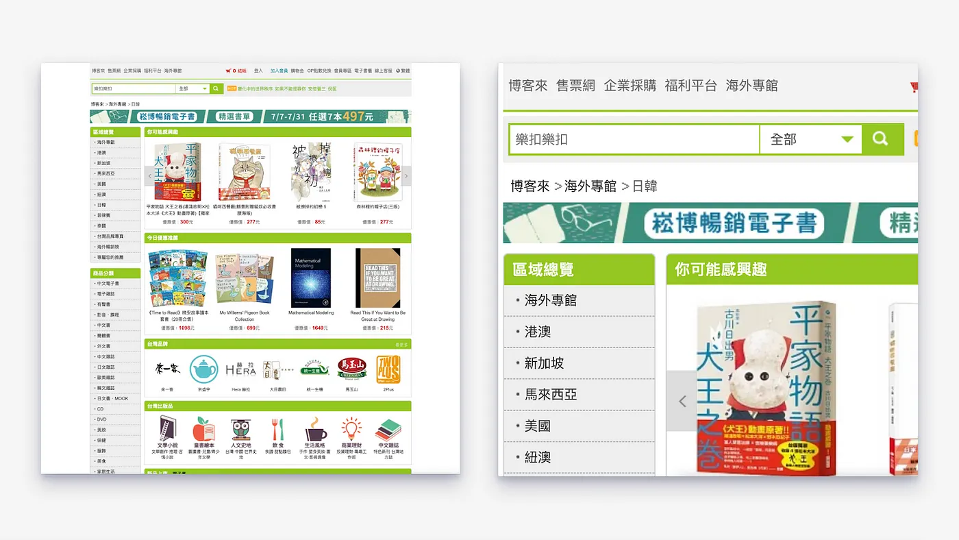 電商網站的首頁。展示同一個頁面在一般設定下的大小（100%）跟放大三倍之後的樣子。