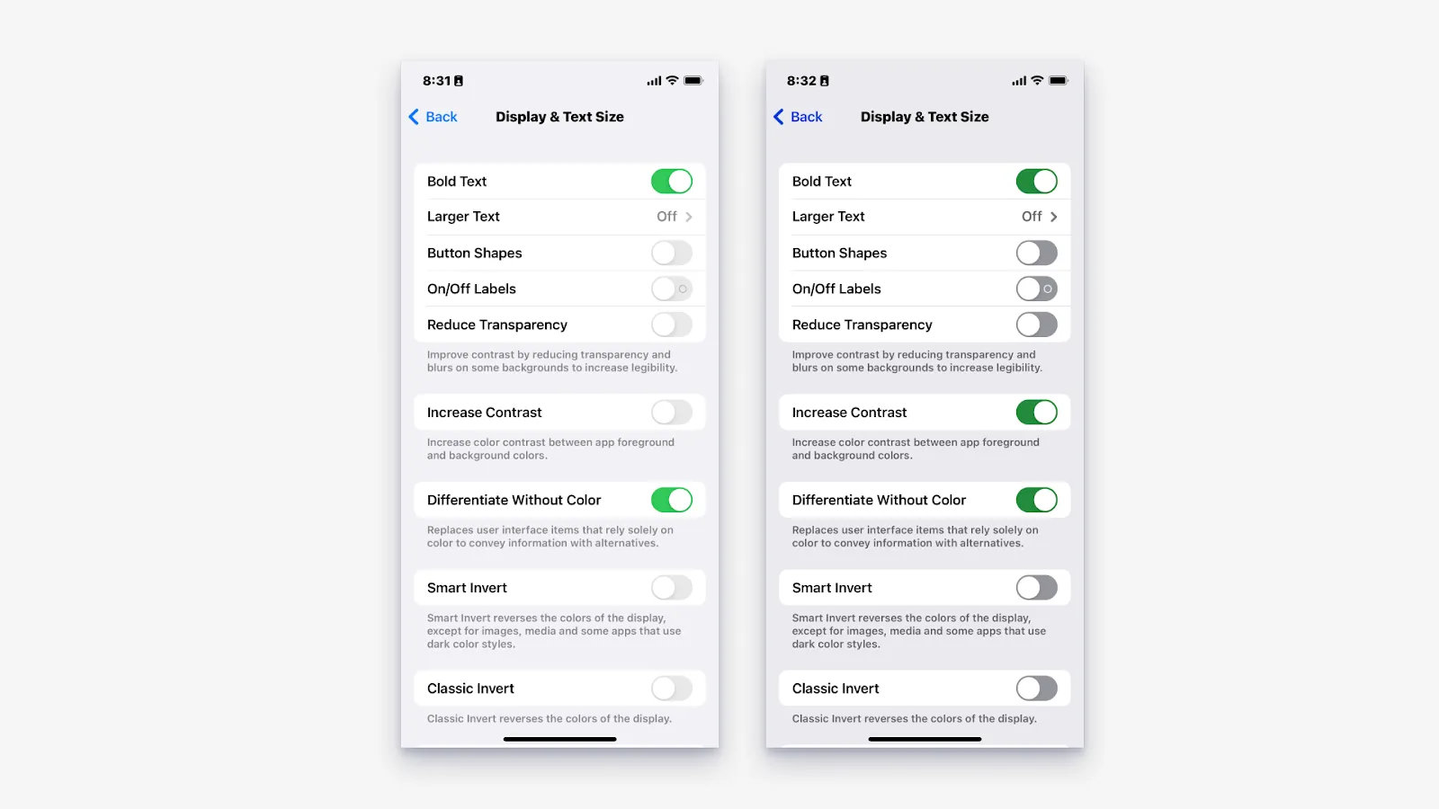 使用iphone「增加對比」顏色的前後對比圖。功能啟用後，設定頁面上原本灰色的部分顏色都被加深，原本呈現亮綠色的部份也變成深綠色。