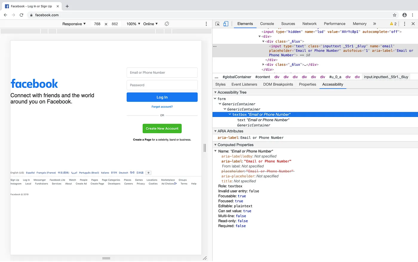使用 Chrome 開發人員工具查看的 Facebook 首頁的 Accessibility Tree 中， Facebook 登錄頁面上的文字框具有「可聚焦」、「可編輯」和「多行」等屬性。