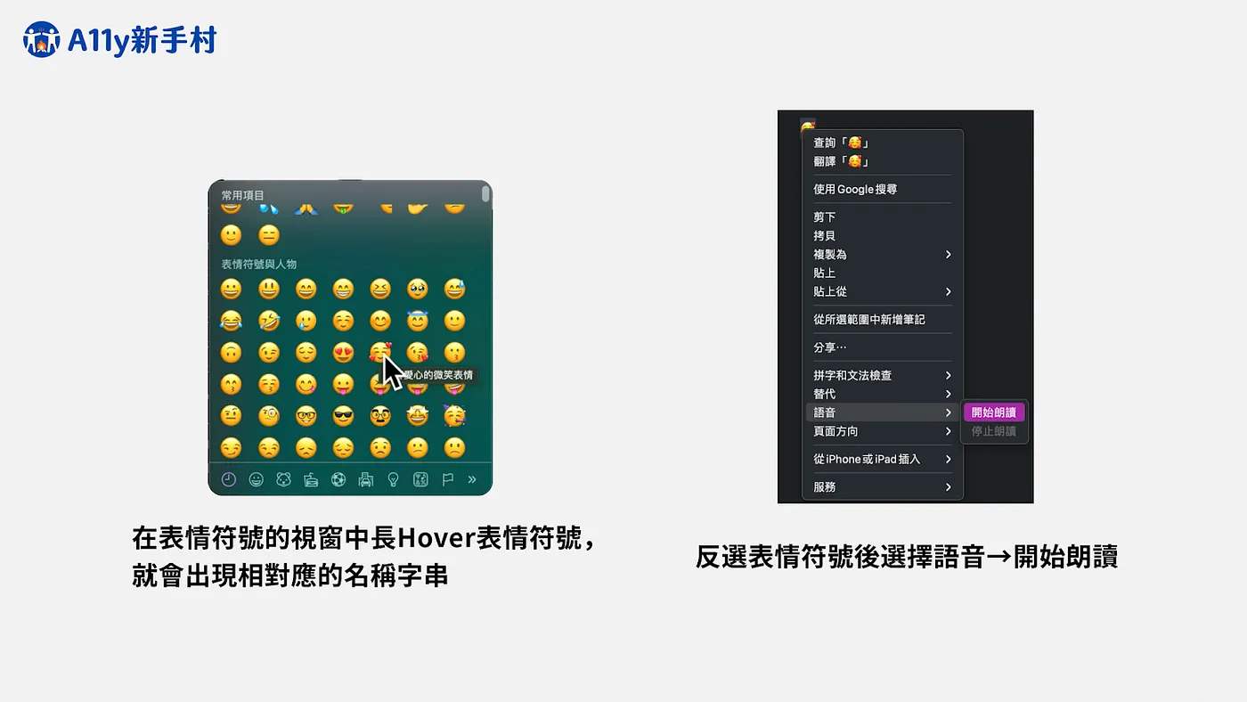 圖示兩個使用MacOS可以聆聽表情符號中文名稱的方式