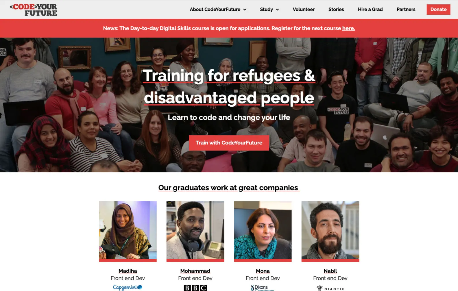 CodeYourFuture官網首頁截圖，介紹組織和負責內容