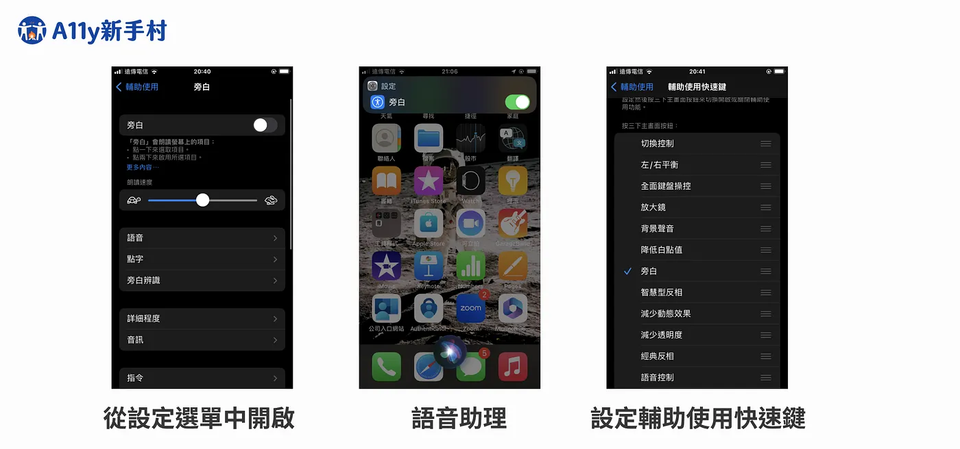 iOS 三種開啟旁白方法示意圖：從設定選單中開啟、語音助理、設定輔助使用快速鍵