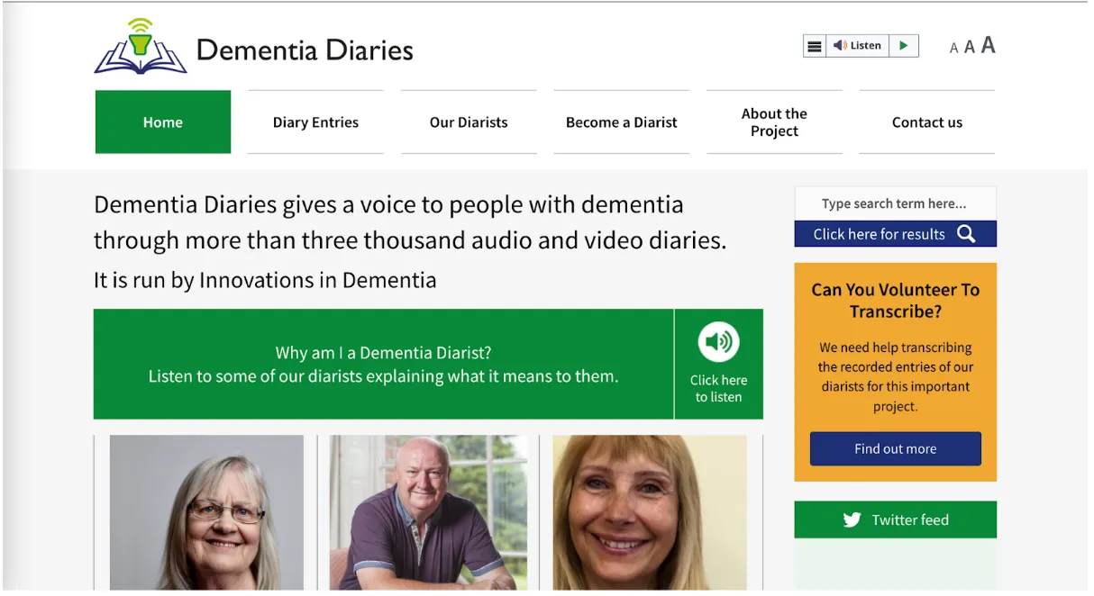這是Dementia Diaries的首頁截圖，其網站提供朗讀、字體大小等彈性選擇供使用者參考，另外在Global Navigation中提供「Home」選項幫助使用者回到首頁，這些都是團隊參考使用者經驗後改良的設計。