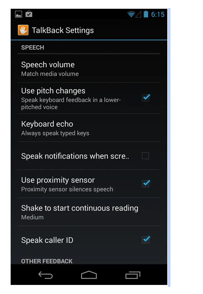 圖為 Android TalkBack 設定，細項為 Speech Volume、Use pitch changes、Keyboard echo、Speak notification when scre…、Use proximity sensor、Shake to start continuous reading和 Speak caller ID