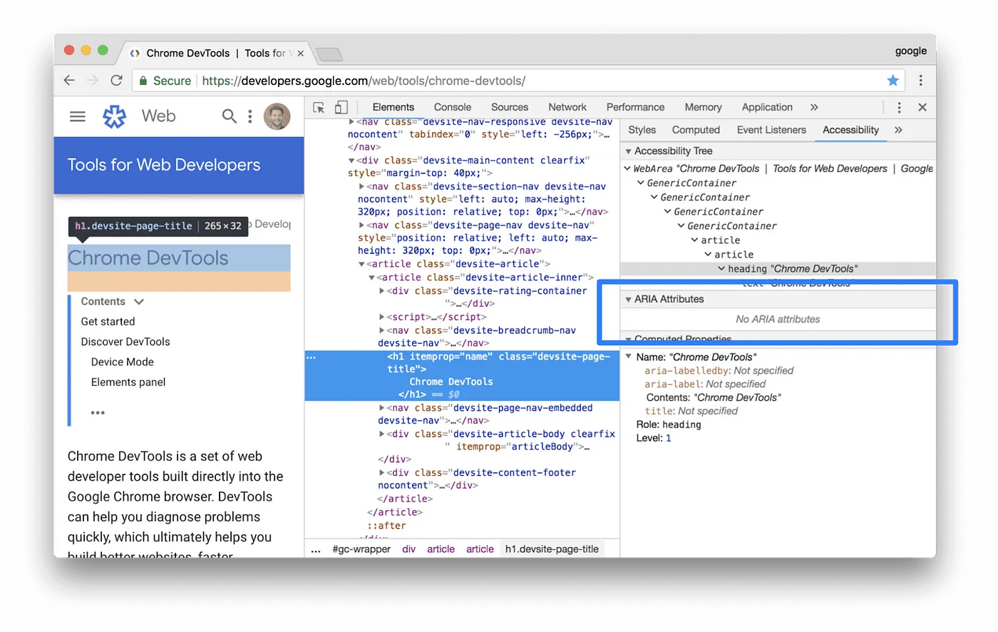 透過 Chrome DevTools 可以查看網頁的 accessibility tree，得知 ARIA attributes 等無障礙資訊。點擊前往圖片來源。