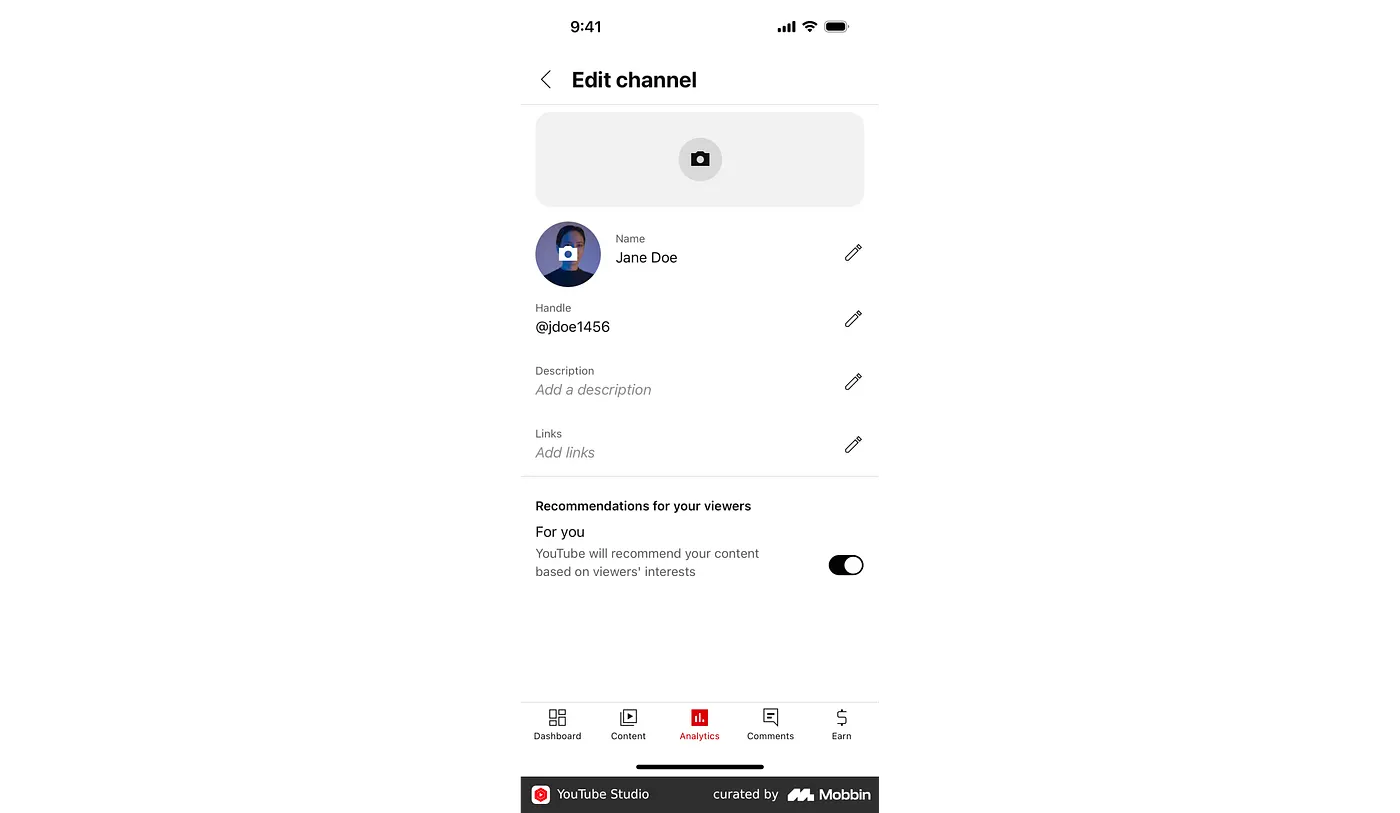 Youtube Studio 的個人資訊編輯頁面，有多個編輯欄位和鉛筆 icon