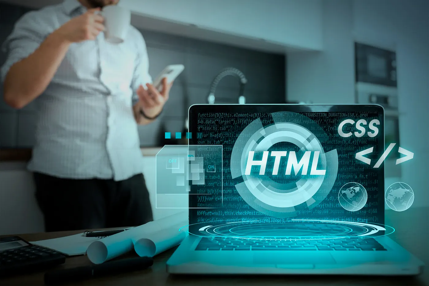 一個喝咖啡的人旁邊有一台電腦，上面顯示「HTML」、「CSS」等字樣